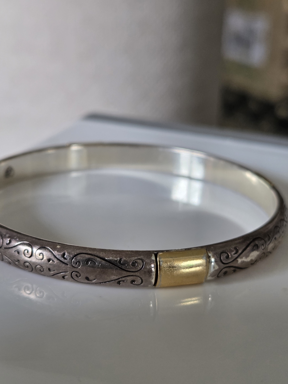 Silver Engraved Bangle Bracelet with Gold Accent Korea